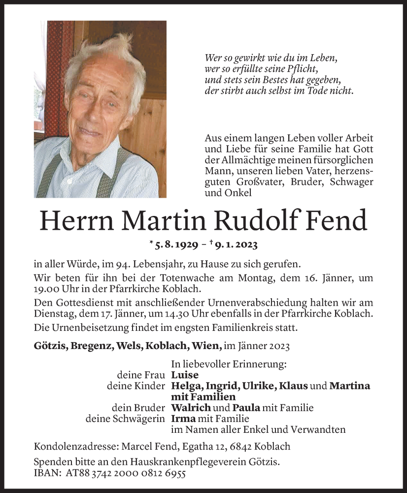  Todesanzeige für Martin Fend vom 13.01.2023 aus Vorarlberger Nachrichten