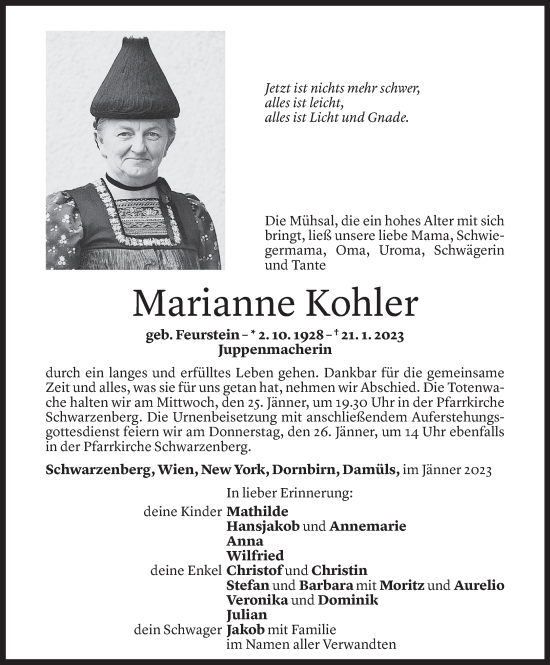 Todesanzeige von Marianne Kohler von Vorarlberger Nachrichten