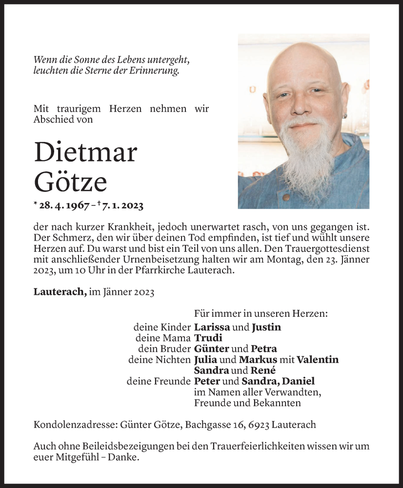  Todesanzeige für Dietmar Götze vom 19.01.2023 aus Vorarlberger Nachrichten