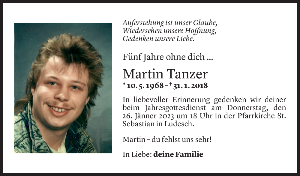  Todesanzeige für Martin Tanzer vom 24.01.2023 aus Vorarlberger Nachrichten