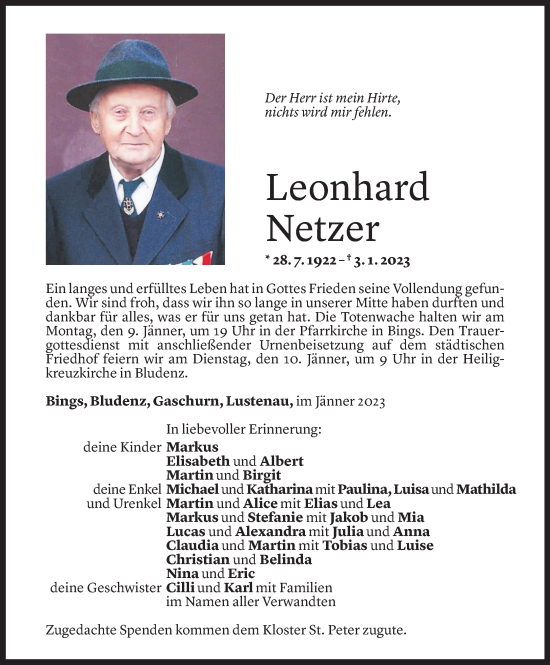 Todesanzeige von Leonhard Netzer von Vorarlberger Nachrichten