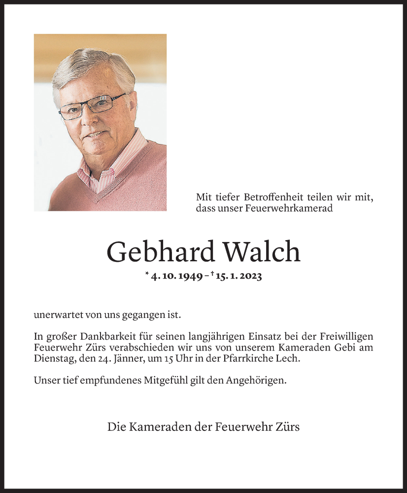 Todesanzeige für Gebhard Walch vom 20.01.2023 aus Vorarlberger Nachrichten