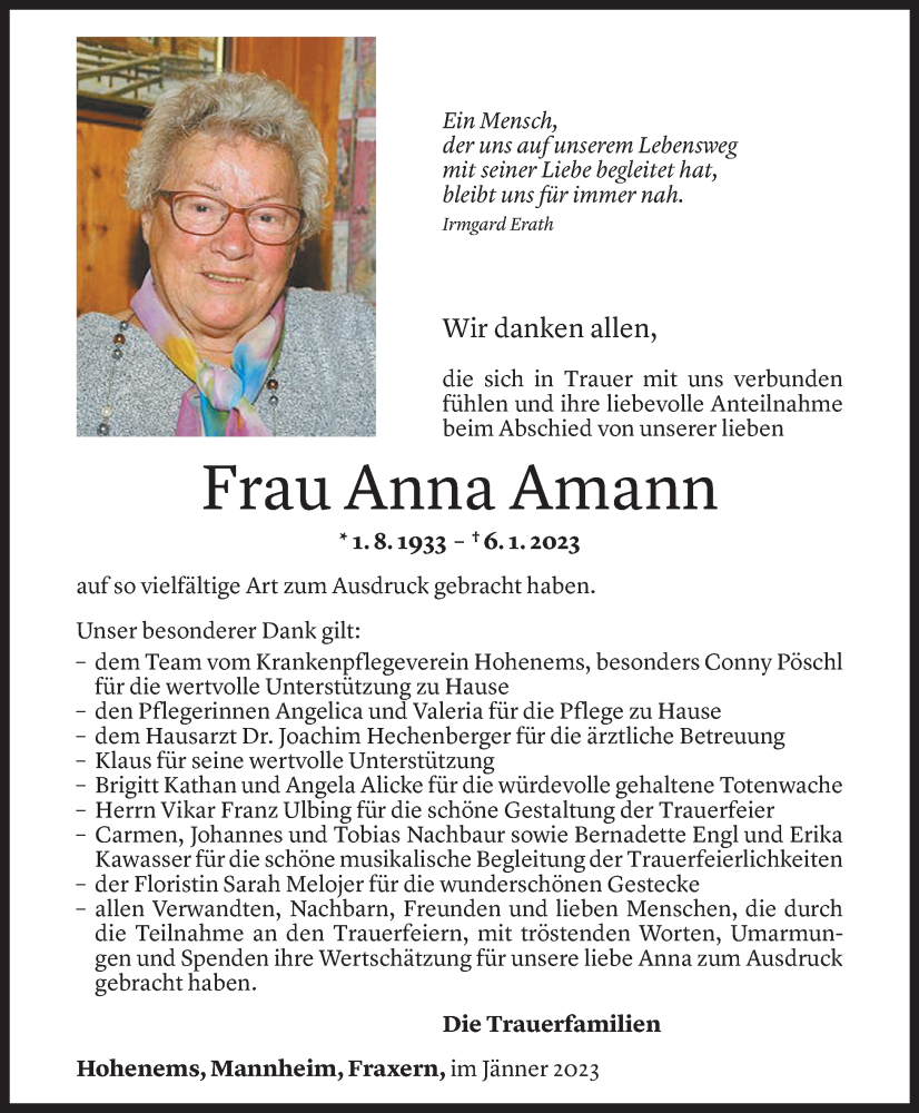  Todesanzeige für Anna Amann vom 25.01.2023 aus Vorarlberger Nachrichten