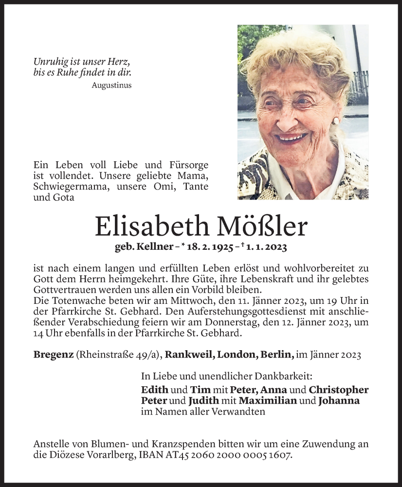  Todesanzeige für Elisabeth Mößler vom 08.01.2023 aus Vorarlberger Nachrichten