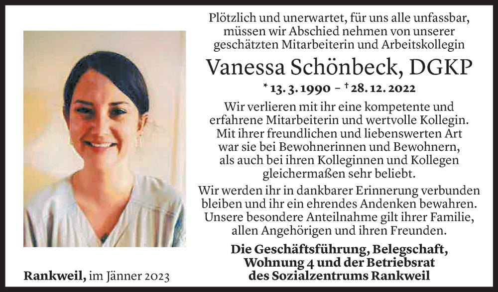  Todesanzeige für Vanessa Schönbeck vom 07.01.2023 aus vorarlberger nachrichten