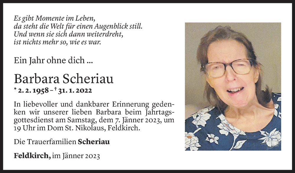  Todesanzeige für Barbara Scheriau vom 03.01.2023 aus vorarlberger nachrichten