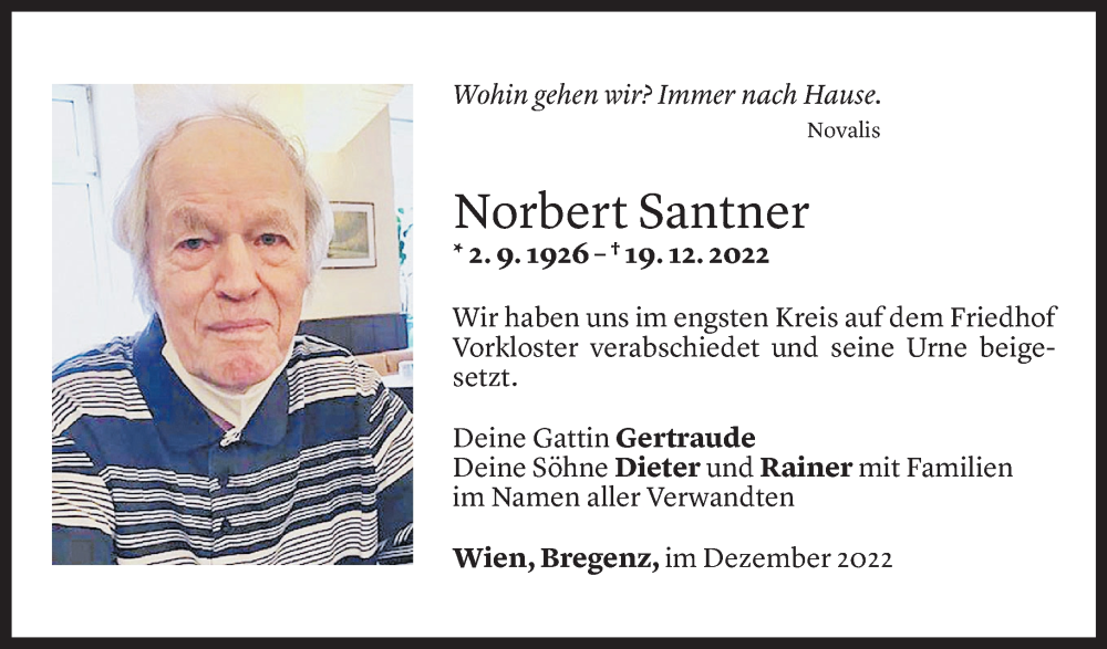  Todesanzeige für Norbert Santner vom 27.01.2023 aus Vorarlberger Nachrichten
