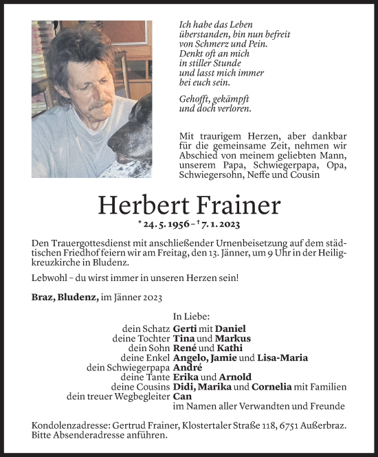 Todesanzeige von Herbert Frainer von Vorarlberger Nachrichten