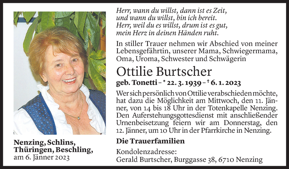  Todesanzeige für Ottilie Burtscher vom 09.01.2023 aus Vorarlberger Nachrichten