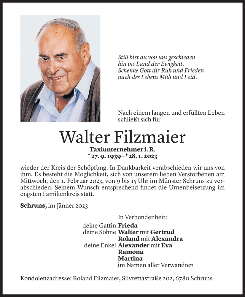  Todesanzeige für Walter Filzmaier vom 30.01.2023 aus Vorarlberger Nachrichten