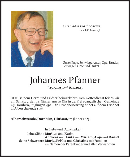 Todesanzeige von Johannes Pfanner von Vorarlberger Nachrichten