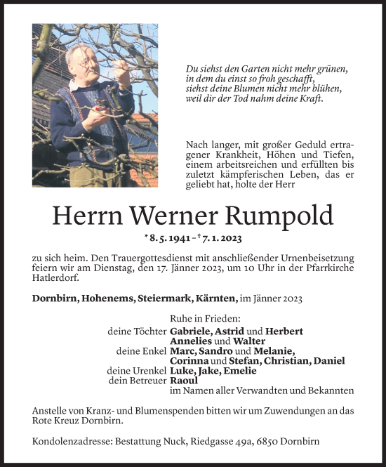 Todesanzeige von Werner Rumpold von Vorarlberger Nachrichten