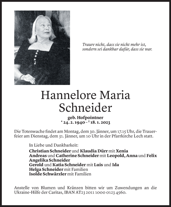 Todesanzeige von Hannelore Schneider von Vorarlberger Nachrichten