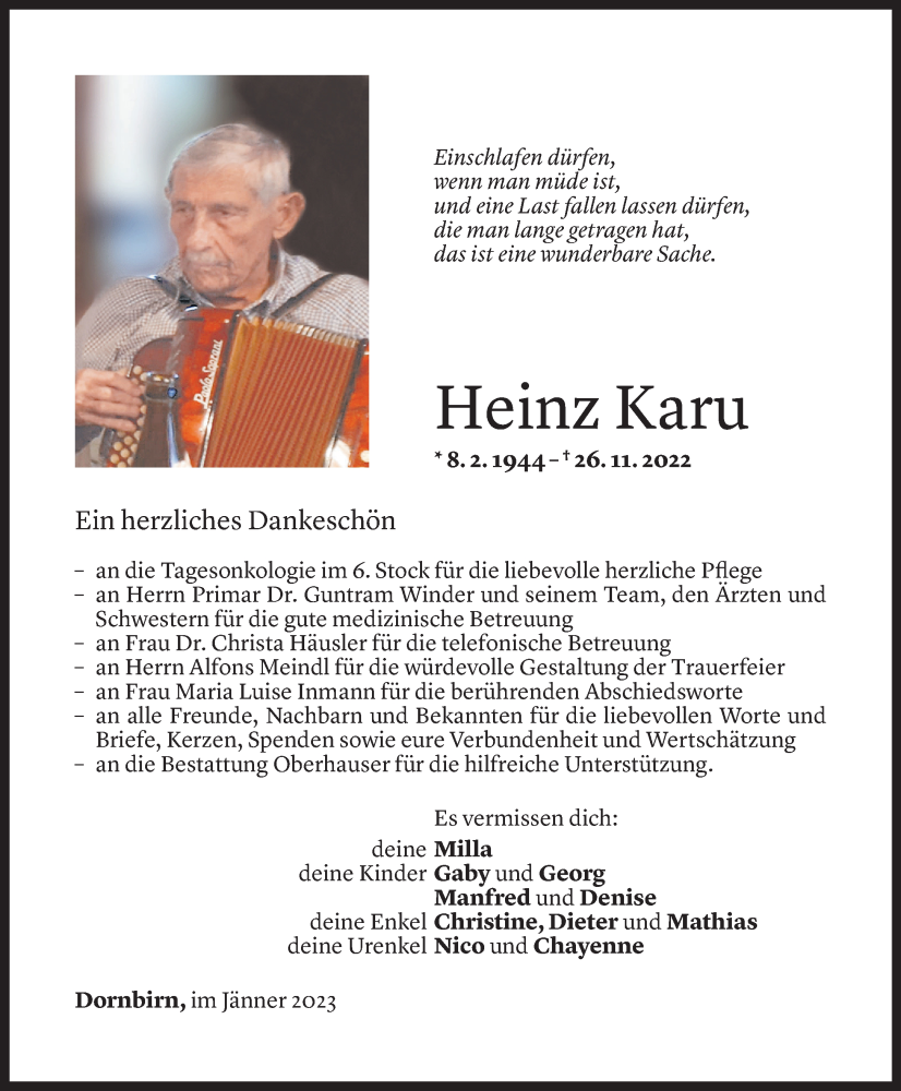  Todesanzeige für Heinz Karu vom 17.01.2023 aus Vorarlberger Nachrichten
