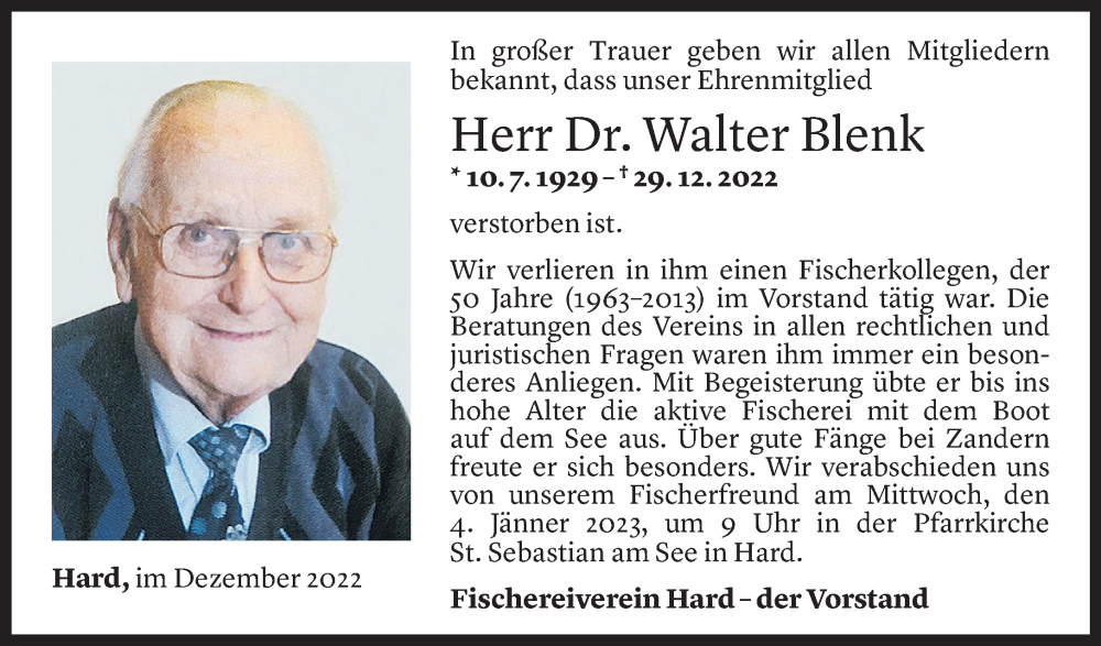  Todesanzeige für Walter Blenk vom 02.01.2023 aus Vorarlberger Nachrichten