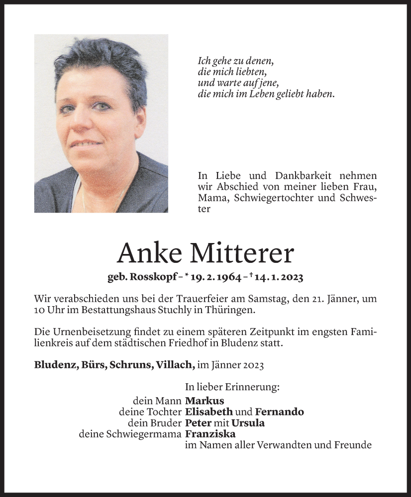  Todesanzeige für Anke Mitterer vom 16.01.2023 aus Vorarlberger Nachrichten