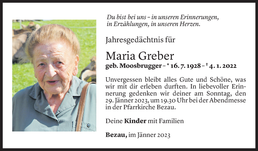 Todesanzeige für Maria Greber vom 25.01.2023 aus Vorarlberger Nachrichten