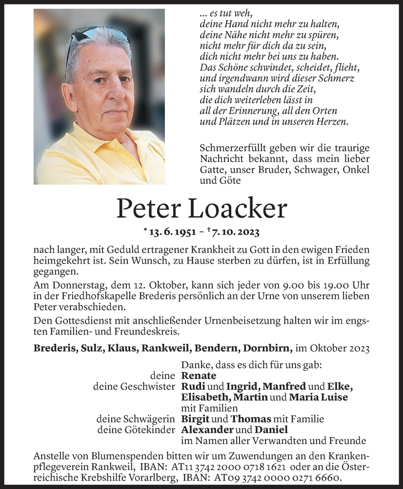  Todesanzeige für Peter Loacker vom 10.10.2023 aus Vorarlberger Nachrichten