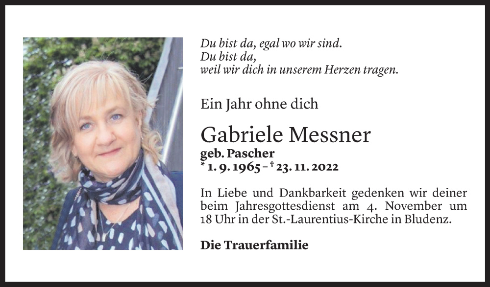  Todesanzeige für Gabi Messner vom 28.10.2023 aus Vorarlberger Nachrichten
