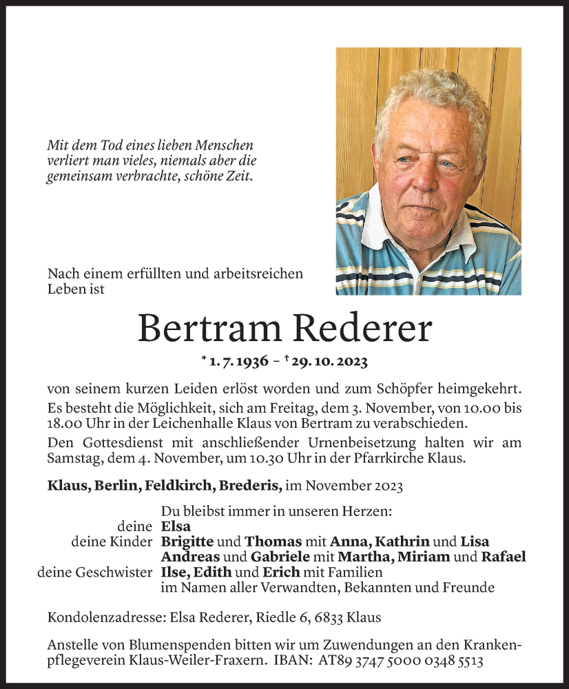  Todesanzeige für Bertram Rederer vom 01.11.2023 aus Vorarlberger Nachrichten