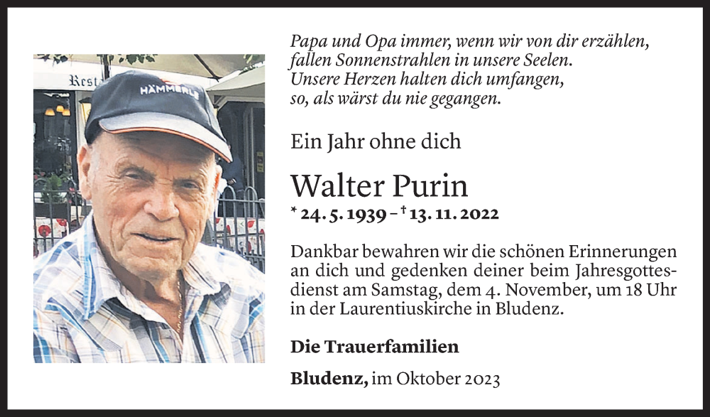  Todesanzeige für Walter Purin vom 28.10.2023 aus Vorarlberger Nachrichten