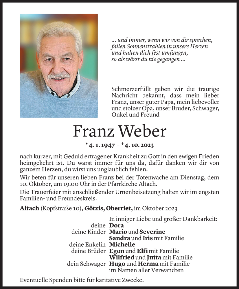  Todesanzeige für Franz Weber vom 07.10.2023 aus Vorarlberger Nachrichten