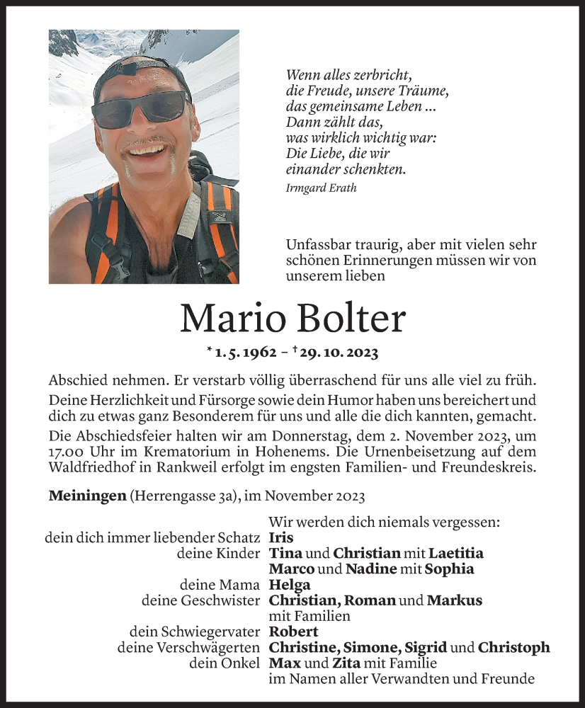  Todesanzeige für Mario Bolter vom 01.11.2023 aus Vorarlberger Nachrichten