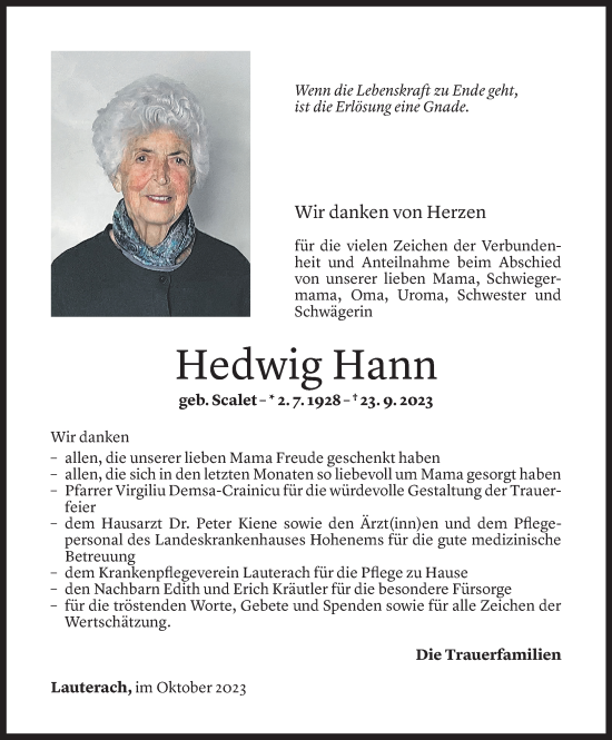 Todesanzeigen von Hedwig Hann | Todesanzeigen Vorarlberger Nachrichten