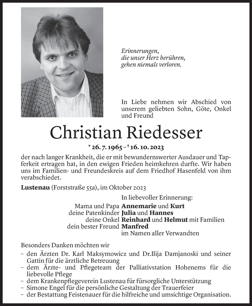  Todesanzeige für Christian Riedesser vom 25.10.2023 aus Vorarlberger Nachrichten