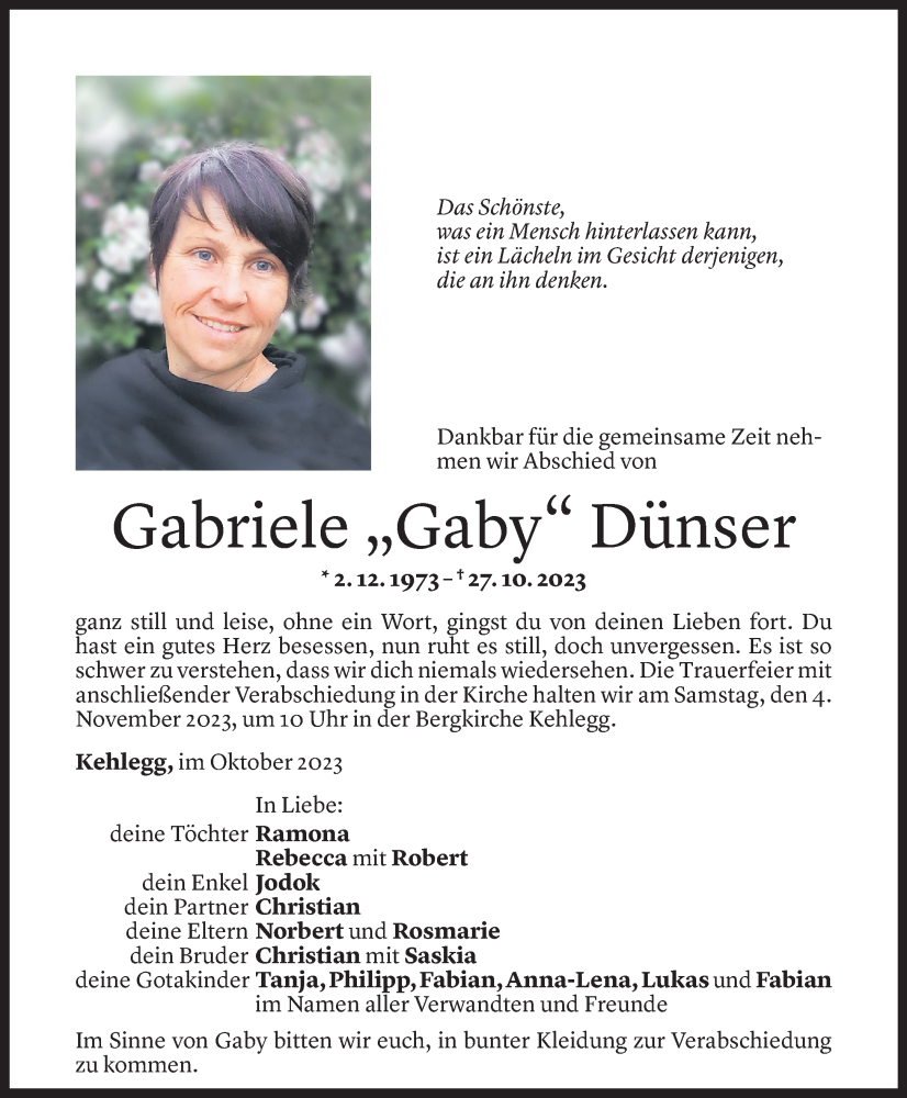  Todesanzeige für Gabriele Dünser vom 01.11.2023 aus Vorarlberger Nachrichten