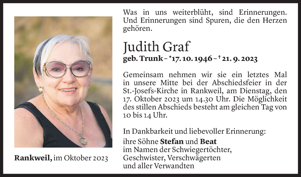  Todesanzeige für Judith Graf vom 14.10.2023 aus Vorarlberger Nachrichten