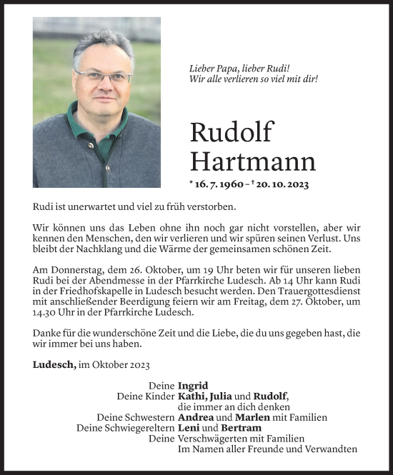 Todesanzeige von Rudolf Hartmann von Vorarlberger Nachrichten