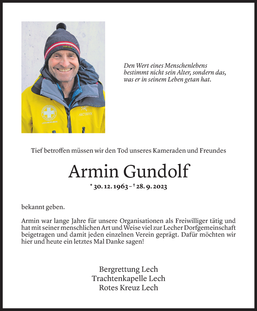  Todesanzeige für Armin Gundolf vom 01.10.2023 aus Vorarlberger Nachrichten