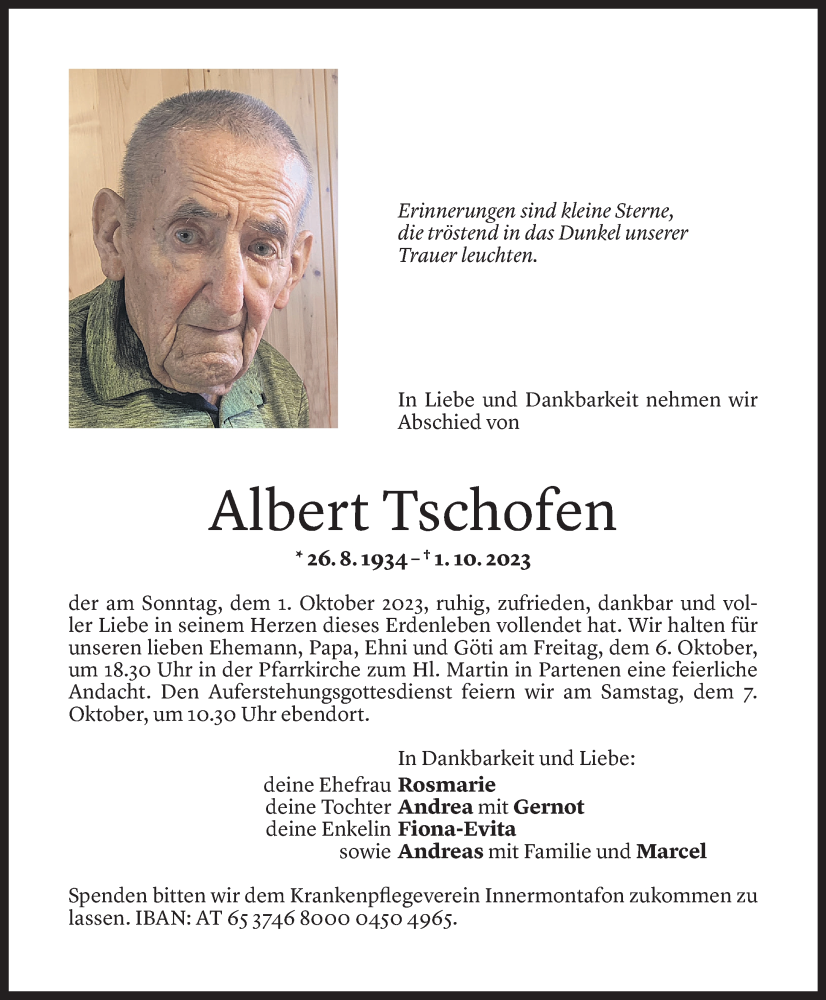  Todesanzeige für Albert Tschofen vom 04.10.2023 aus Vorarlberger Nachrichten