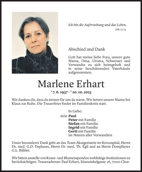 Todesanzeige von Marlene Erhart von Vorarlberger Nachrichten