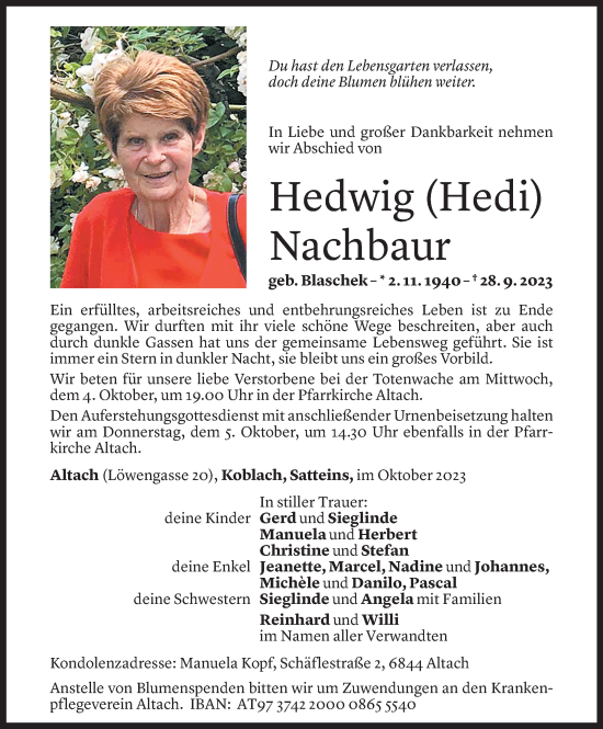 Todesanzeige von Hedwig Nachbaur von Vorarlberger Nachrichten