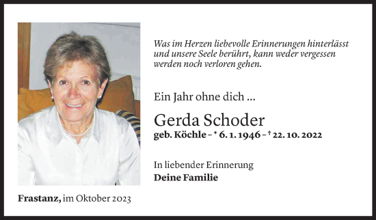 Todesanzeige von Gerda Schoder von Vorarlberger Nachrichten