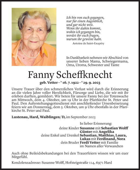 Todesanzeige von Fanny Scheffknecht von Vorarlberger Nachrichten