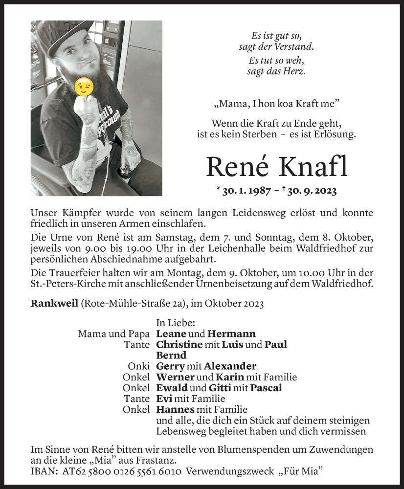  Todesanzeige für Rene Knafl vom 05.10.2023 aus Vorarlberger Nachrichten