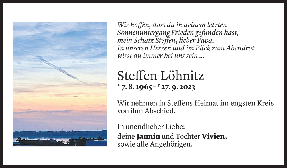  Todesanzeige für Steffen Löhnitz vom 14.10.2023 aus Vorarlberger Nachrichten