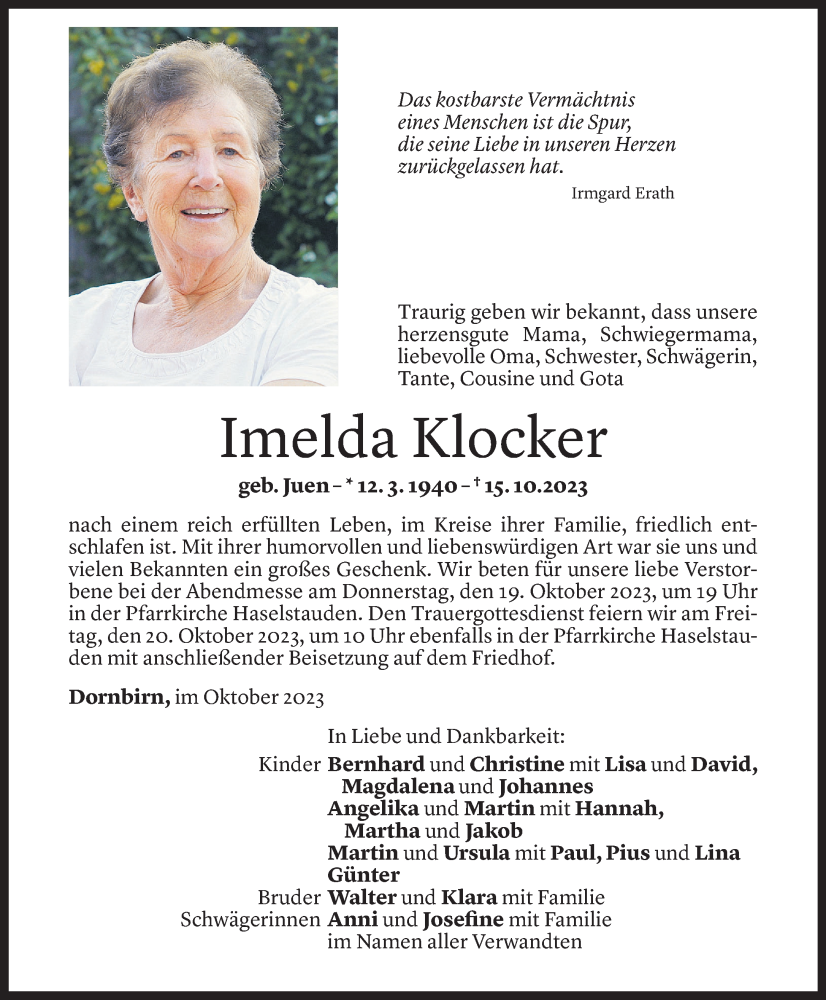  Todesanzeige für Imelda Klocker vom 16.10.2023 aus Vorarlberger Nachrichten
