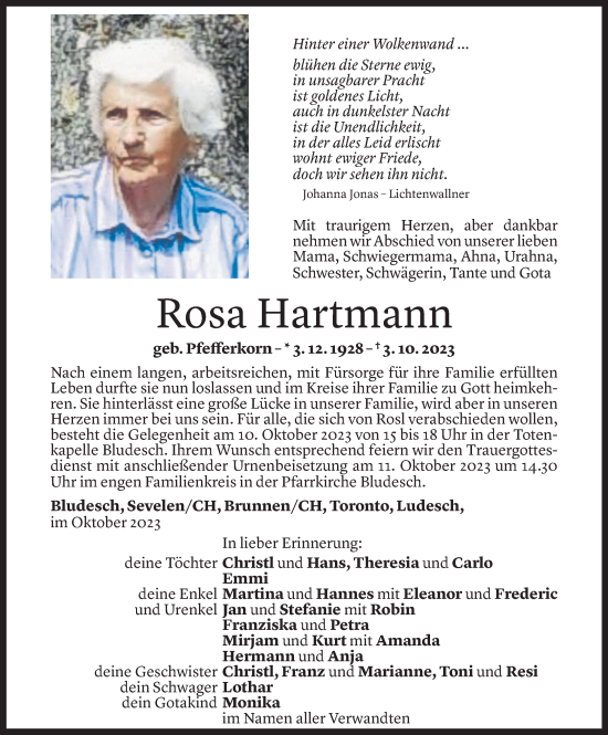 Todesanzeige von Rosa Hartmann von Vorarlberger Nachrichten