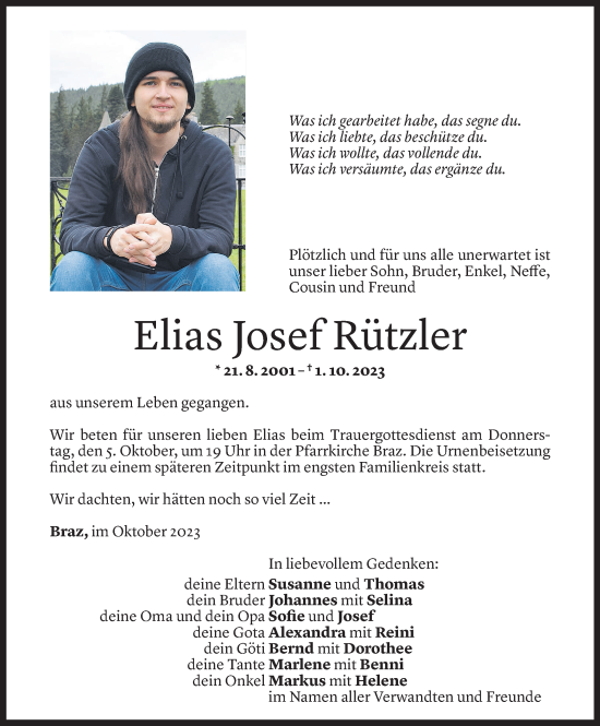 Todesanzeige von Elias Rützler von Vorarlberger Nachrichten