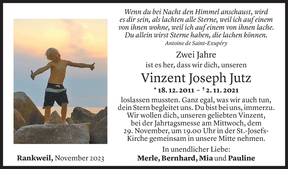  Todesanzeige für Vinzent Joseph Jutz vom 01.11.2023 aus Vorarlberger Nachrichten