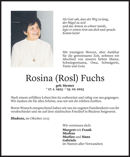 Todesanzeige von Rosina Fuchs von Vorarlberger Nachrichten