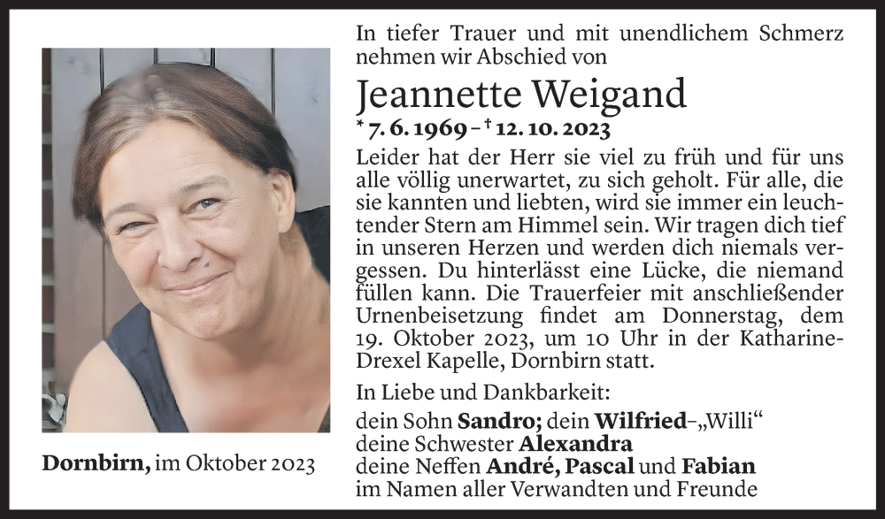 Todesanzeige für Jeannette Weigand vom 16.10.2023 aus Vorarlberger Nachrichten