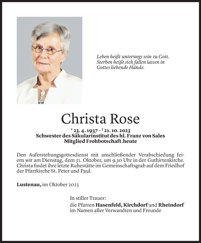  Todesanzeige für Christa Rose vom 27.10.2023 aus Vorarlberger Nachrichten