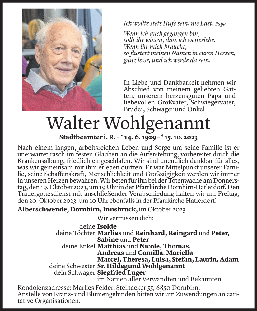  Todesanzeige für Walter Wohlgenannt vom 18.10.2023 aus Vorarlberger Nachrichten