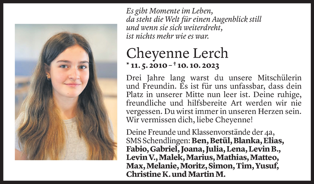  Todesanzeige für Cheyenne Lerch vom 20.10.2023 aus Vorarlberger Nachrichten