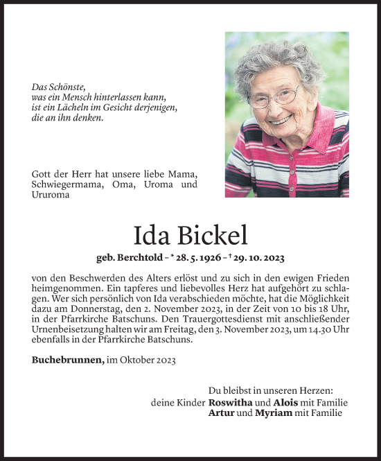 Todesanzeigen von Ida Bickel | Todesanzeigen Vorarlberger Nachrichten